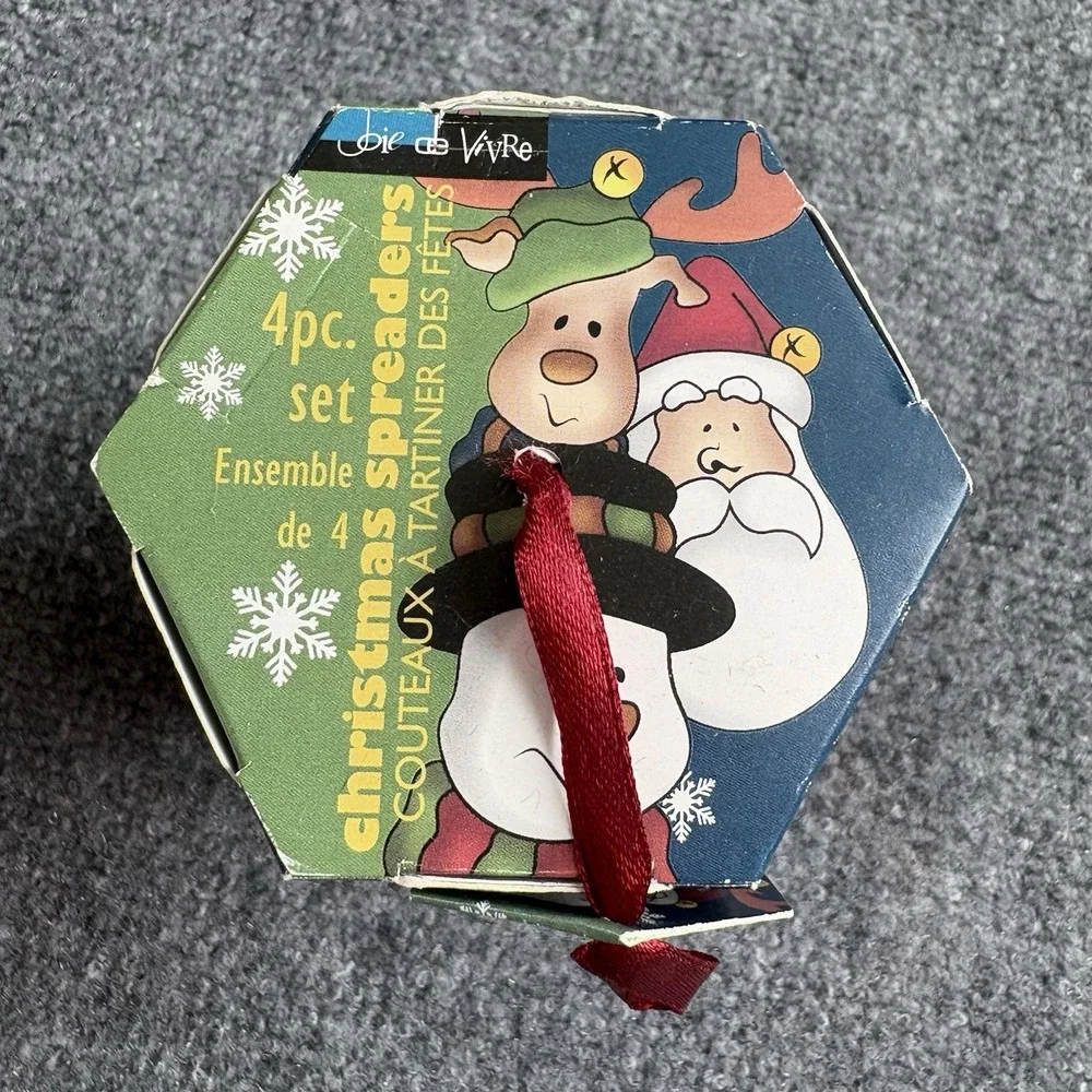 VTG Y2K MSC International Christmas Spreader Knife Set 4pc Santa Reindeer‎ Party